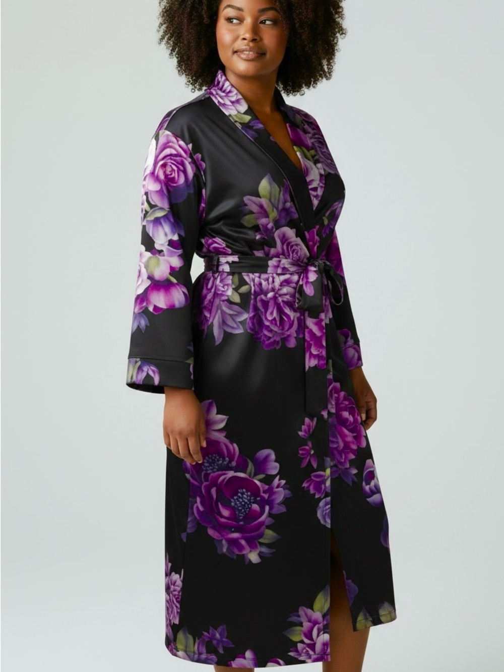 La Vie En Rose Black velour Robe with Purple Floral Print